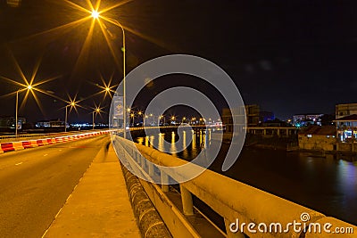 Ikoyi Lekki link suspension bridge Lagos Nigeria at night with view of the lagoon. Stock Photo