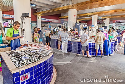 LAGOS, PORTUGAL - OCTOBER 6, 2017: Fish stalls in Mercado Municipal Municipal Market in Lagos, Portuga Editorial Stock Photo