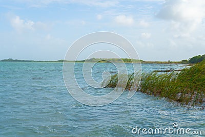 Laguna near Muyil. View with boats. Blue sky and sea.vTravel photo, background. Yucatan. Quintana roo. Stock Photo