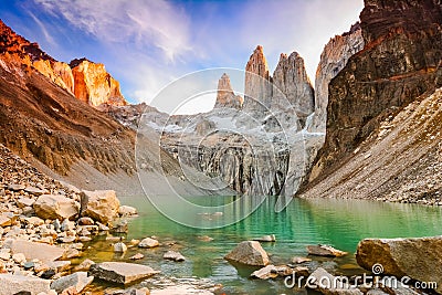 Laguna torres with the towers at sunset, Torres del Paine National Park, Patagonia, Chile Stock Photo