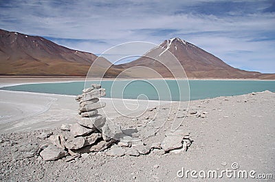 Laguna Verde and Volcano in Salar de Uyuni, Bolivia Stock Photo