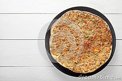 Lahmacun traditional turkish pizza with minced beef or lamb meat, paprika Stock Photo