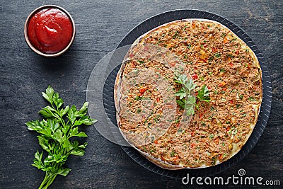 Lahmacun traditional turkish restaurant pizza with minced beef or lamb meat Stock Photo