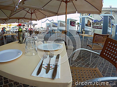 Marsaxlokk, Malta, August 2014. The interior of the restaurant on the main square. Editorial Stock Photo