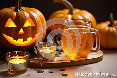 Laid table served with orange drinks is traditionally decorated with cut out jack-o'-lanterns and lights for Halloween Stock Photo