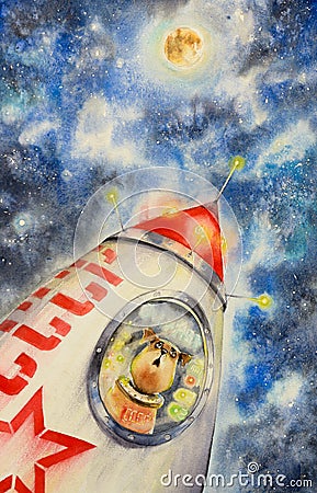 Laika - first dog in space. Watercolors. Stock Photo