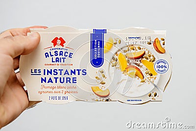 Lait les Instants Nature white fromage with fruits and seeds Editorial Stock Photo