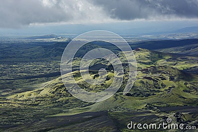 Lakagigar area with volcanic craters covered with moss from above, Iceland Stock Photo