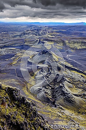 Lakagigar volcanic craters chain landscape view, Iceland Stock Photo