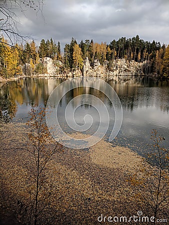 Lake in Adrspach rock town in Czech Republic in autumnal aura Stock Photo