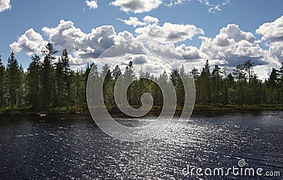 Lake amongst the woods, cloudy summer sky, Sweden Stock Photo