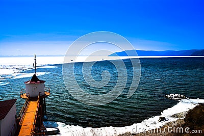 Lake Baikal, the village of Listvyanka, the source of Angara river, March 2018 Stock Photo