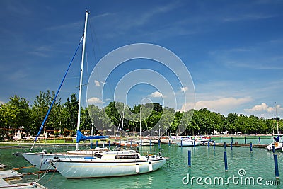 Balatonfured, June 02 2018 - Sailboats on the Balaton Lake. Balatonfured marina Editorial Stock Photo