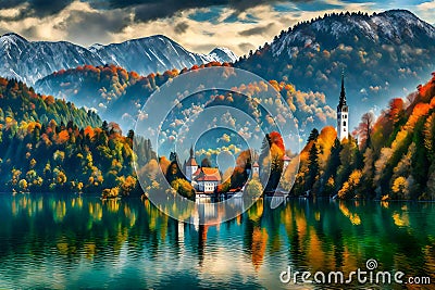 Lake Bled in autumn season, Bled is the largest lake in Slovenia, Europe Cartoon Illustration