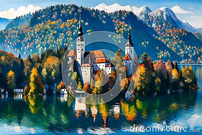 Lake Bled in autumn, Slovenia, Europe, Digital painting Cartoon Illustration