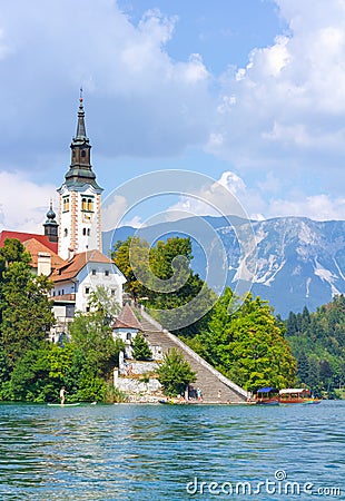 Lake Bled, Slovenia - August 20, 2018: A vertical view of Bled Island and its Assumption of Mary Church in summer Editorial Stock Photo