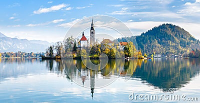 Lake Bled Slovenia. Beautiful mountain lake with small Pilgrimage Church. Editorial Stock Photo