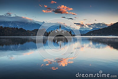 Lake Bled with St. Marys Church of the Assumption on the small i Stock Photo