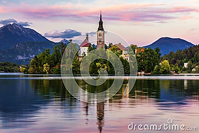 Lake Bled with St. Marys Church of Assumption on small island. Bled, Slovenia, Europe. The Church of the Assumption, Bled, Editorial Stock Photo
