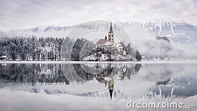 Lake Bled with St. Marys Church of the Assumption on the small island - Bled, Slovenia, Europe. Stock Photo