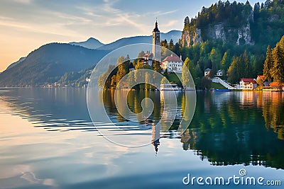 Lake Bled at sunrise, Slovenia, Europe, Beautiful travel destination Cartoon Illustration