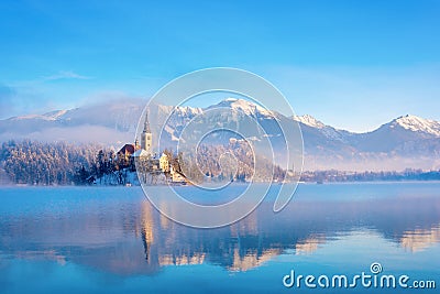 Lake bled on a winter sunny morning with clear sky Stock Photo