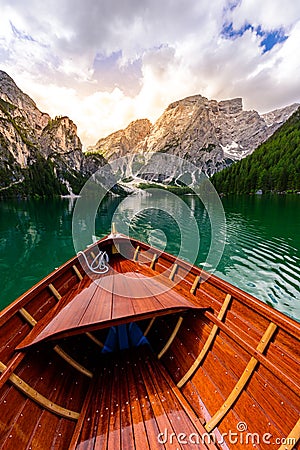 Lake Braies (also known as Pragser Wildsee or Lago di Braies) in Dolomites Mountains, Sudtirol, Italy. Romantic place with typical Stock Photo