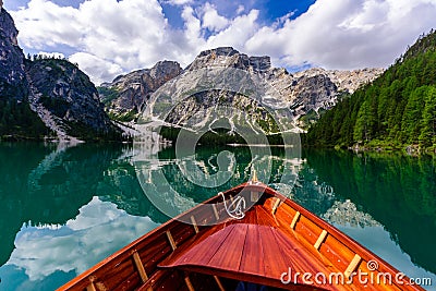 Lake Braies (also known as Pragser Wildsee or Lago di Braies) in Dolomites Mountains, Sudtirol, Italy. Romantic place with typical Stock Photo