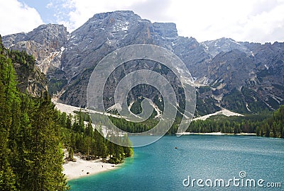 Braies lake seen from the path that surrounds Lake Braies. Dolomites, northern Italy, Europe Stock Photo