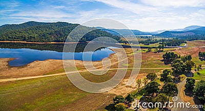 Lake Buffalo on bright sunny day aerial panorama. Victoria, Australia Stock Photo