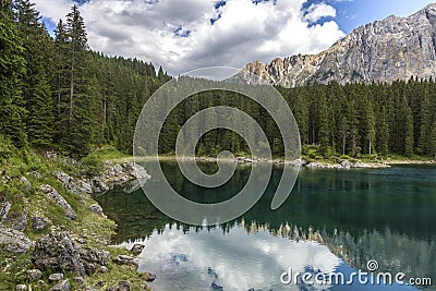 Lake of Carezza. Lake Carezza with Mount Latemar, Bolzano province, South tyrol, Italy. Lago di Carezza lake or The Karersee with Stock Photo