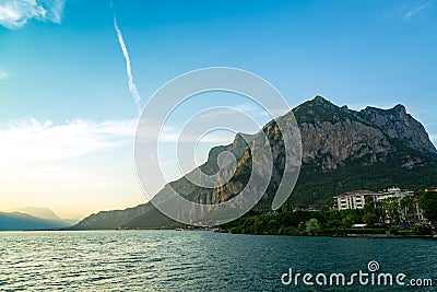 Lake Como surrounded by mountains over Lecco city, Lombardy, Italy Stock Photo