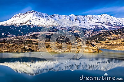 Lake of dam in gÃ¶mbe District of Antalya with a cloudy sky and snowy mountain lanscape Stock Photo