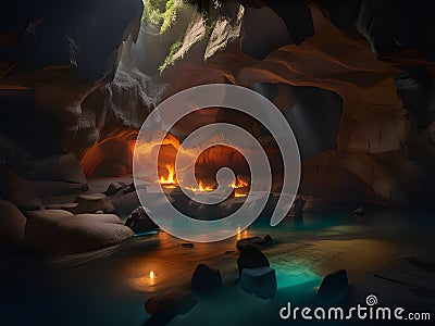 lake in the dark cave Stock Photo