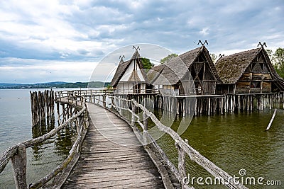 Lake dwellings at Lake Constance. Open-air archaeological museum presenting archaeological finds and replicas of pile-dwelling Stock Photo