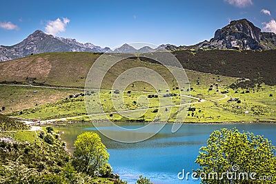 Lake Enol and mountain retreat, the famous lakes of Covadonga, A Stock Photo