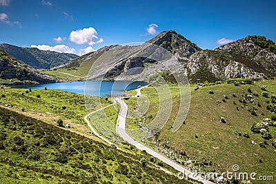 Lake Enol and mountain retreat, the famous lakes of Covadonga, A Stock Photo