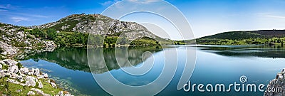 Lake Enol in Picos de Europa, Asturias, Spain. Panoramic view Stock Photo