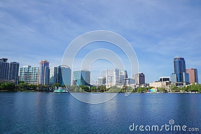 Lake Eola, High-rise buildings, skyline, and fountain Downtown Orlando, Florida, United States, April 27, 2017. Editorial Stock Photo