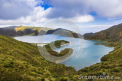 Lake of Fire Lagoa do Fogo in the crater of the volcano Pico d Stock Photo