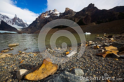 Lake at foot of Fitz Roy, Cerro Torre, Andes Stock Photo