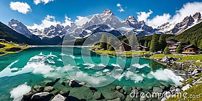 A lake in the foreground reflects a majestic snow-capped mountain in the background. Generative AI Stock Photo