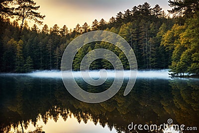 Lake with forest reflection and misty sky Stock Photo