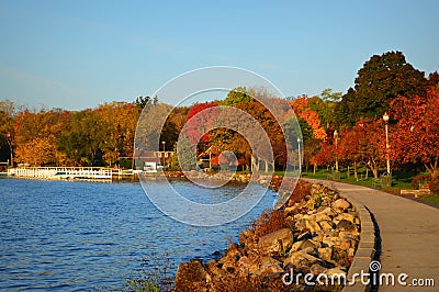 Lake Geneva Shore Path, Fall Colors Stock Photo