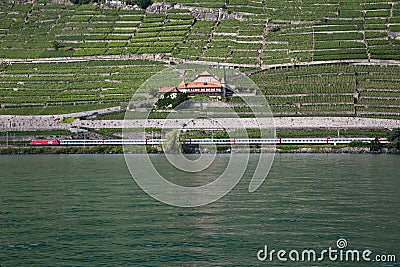 Lake Geneva shores and a passing train Editorial Stock Photo