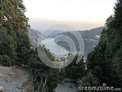 A lake between the hills around Nainital, India Stock Photo