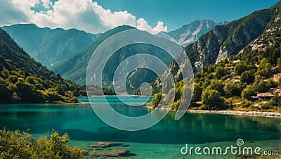 Lake holiday, vacation Koman Albania destination scene Stock Photo