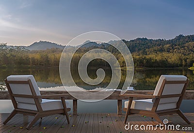 Lake house terrace and beautiful nature view 3d rendering image Stock Photo