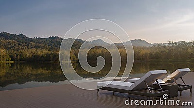 Lake house terrace and beautiful nature view 3d rendering image Stock Photo