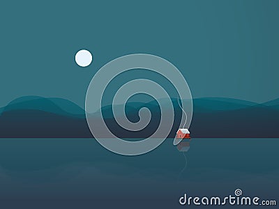 Lake house vector illustration background with cabin on water at night under moon. Vector Illustration
